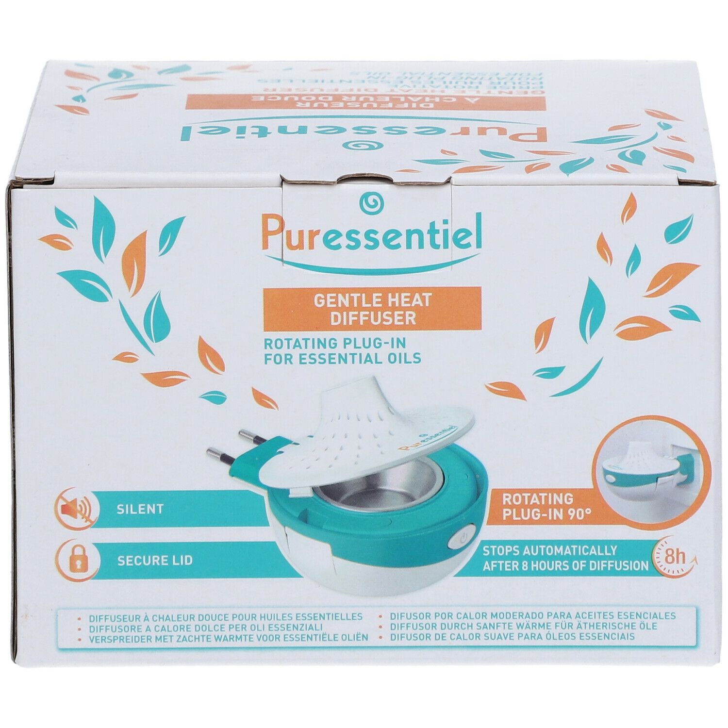 Confezione del diffusore di calore delicato Puressentiel. Scatola bianca con immagine e testo. Diffusore turchese e bianco con spina.