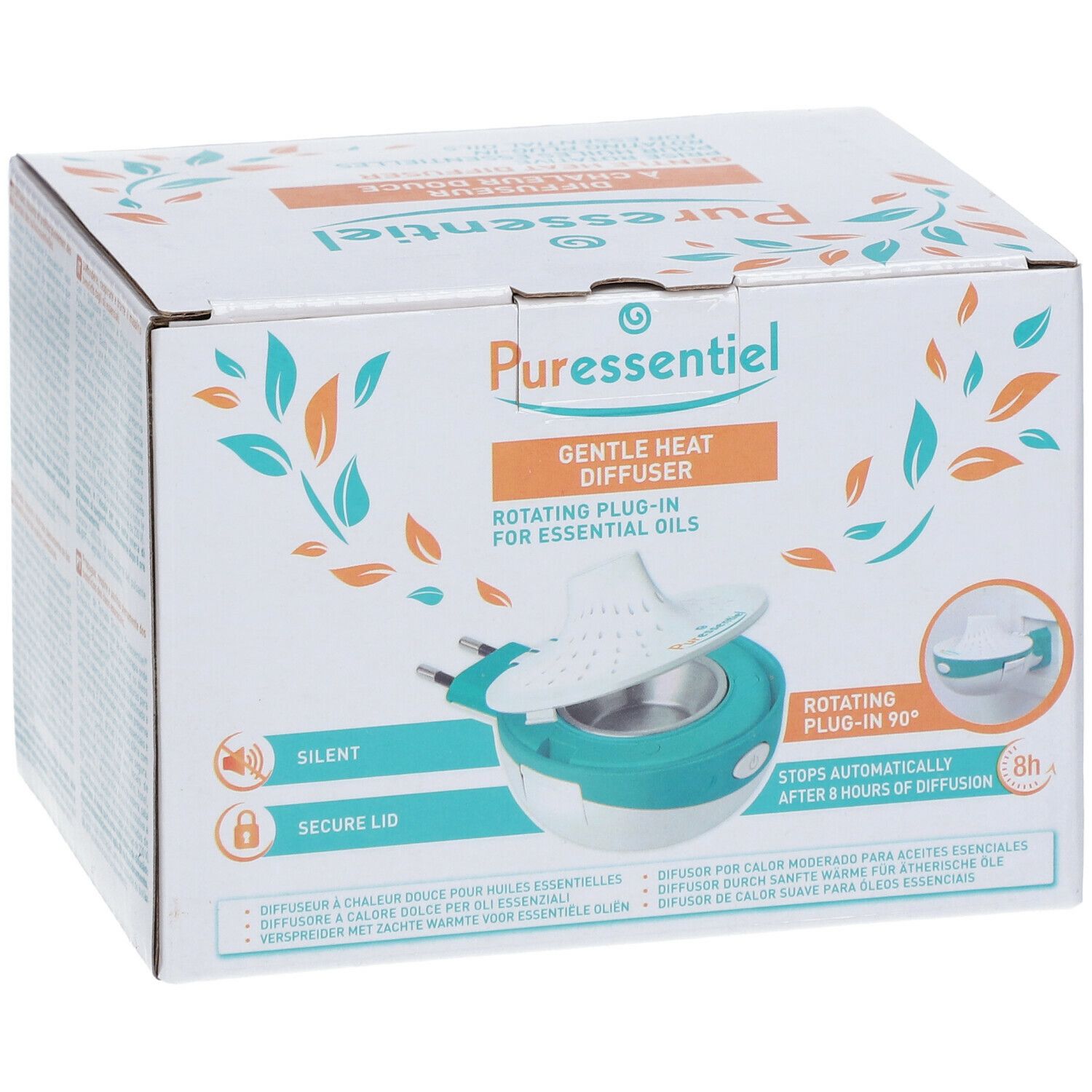Confezione del diffusore di calore delicato Puressentiel. Scatola bianca con immagine e testo. Diffusore turchese e bianco con spina.