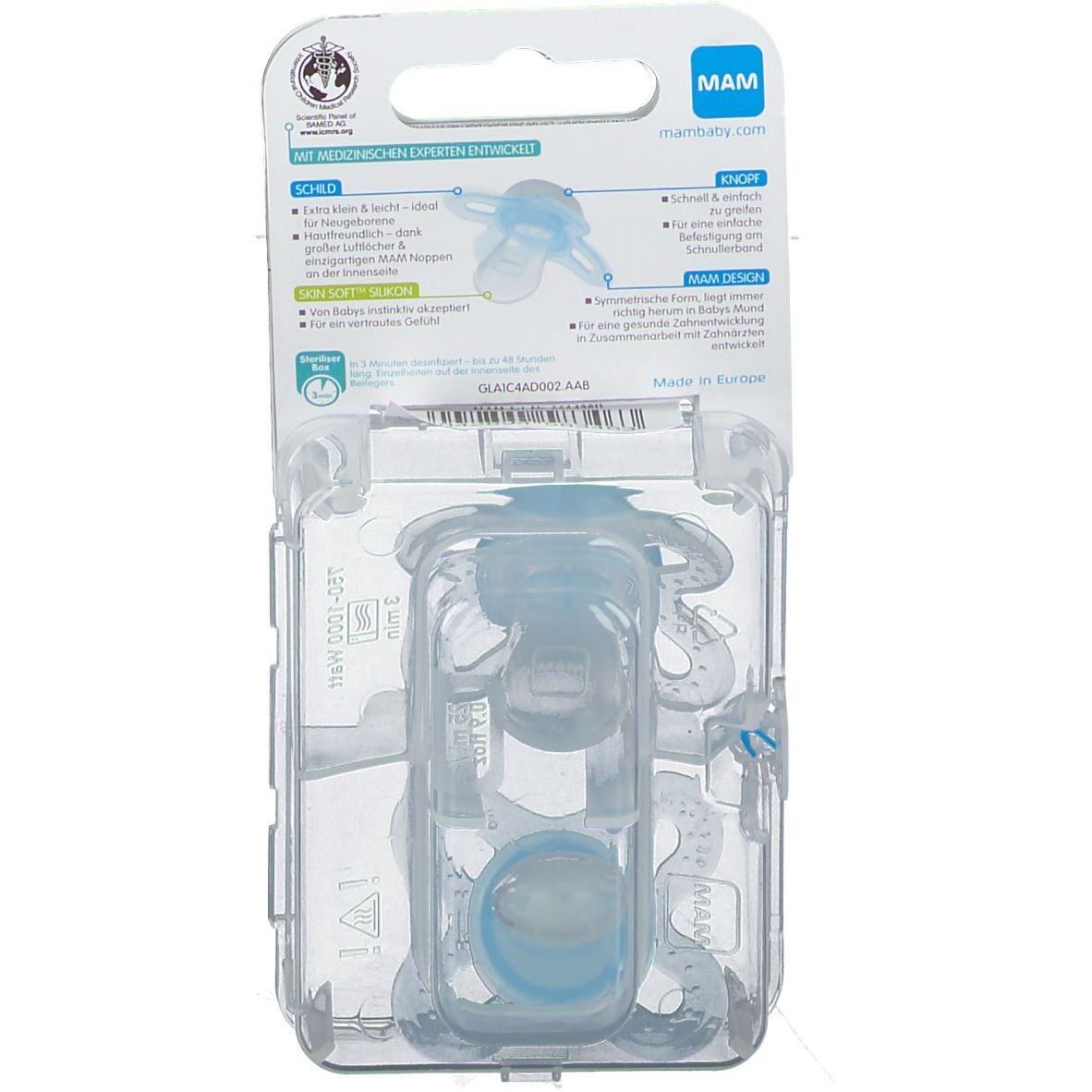 Retro della confezione dei succhietti MAM Start in silicone. Due succhietti blu in una confezione di plastica trasparente.