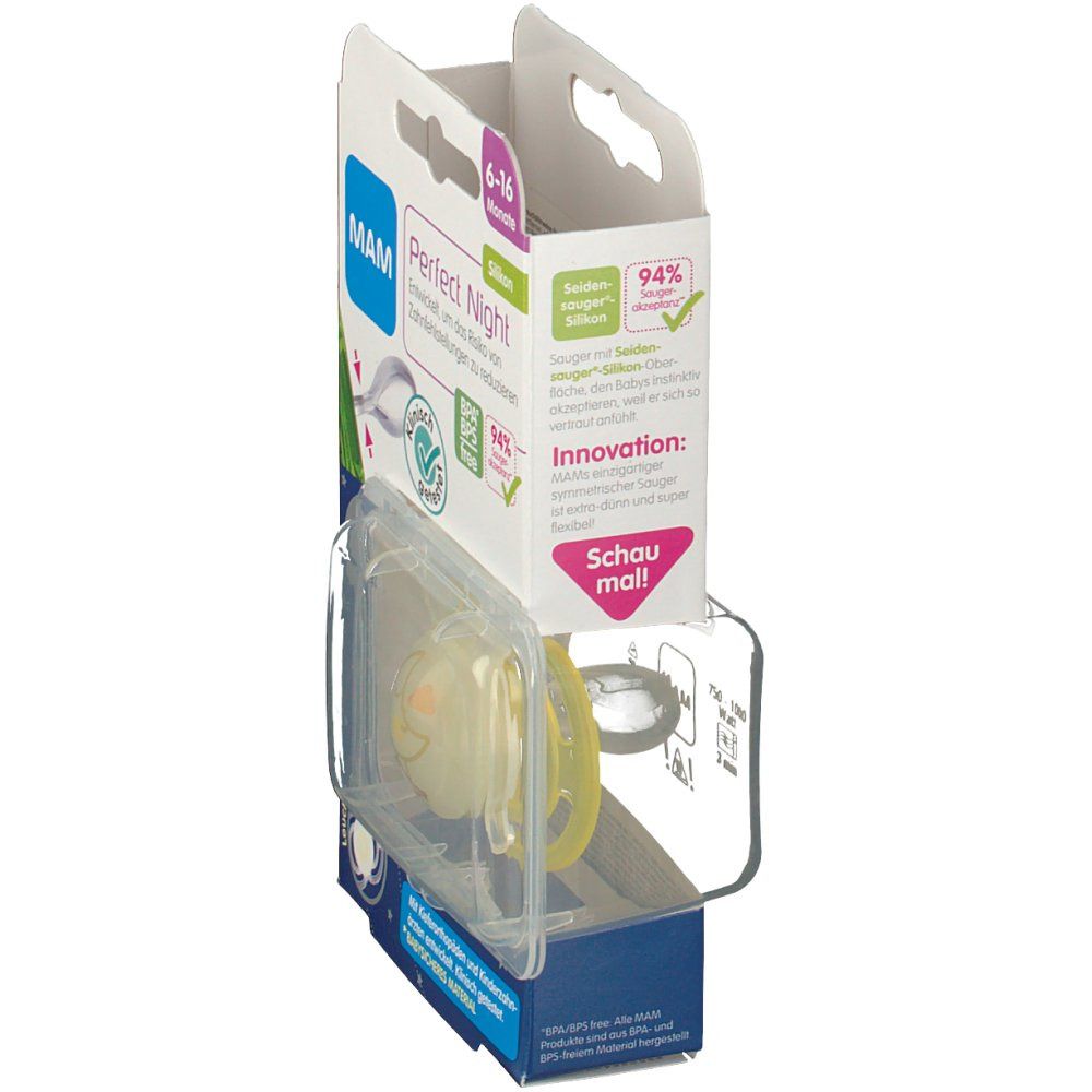 Vista laterale della confezione con ciuccio. Il ciuccio è giallo e trasparente. Sulla confezione c'è scritto "Perfect Night".