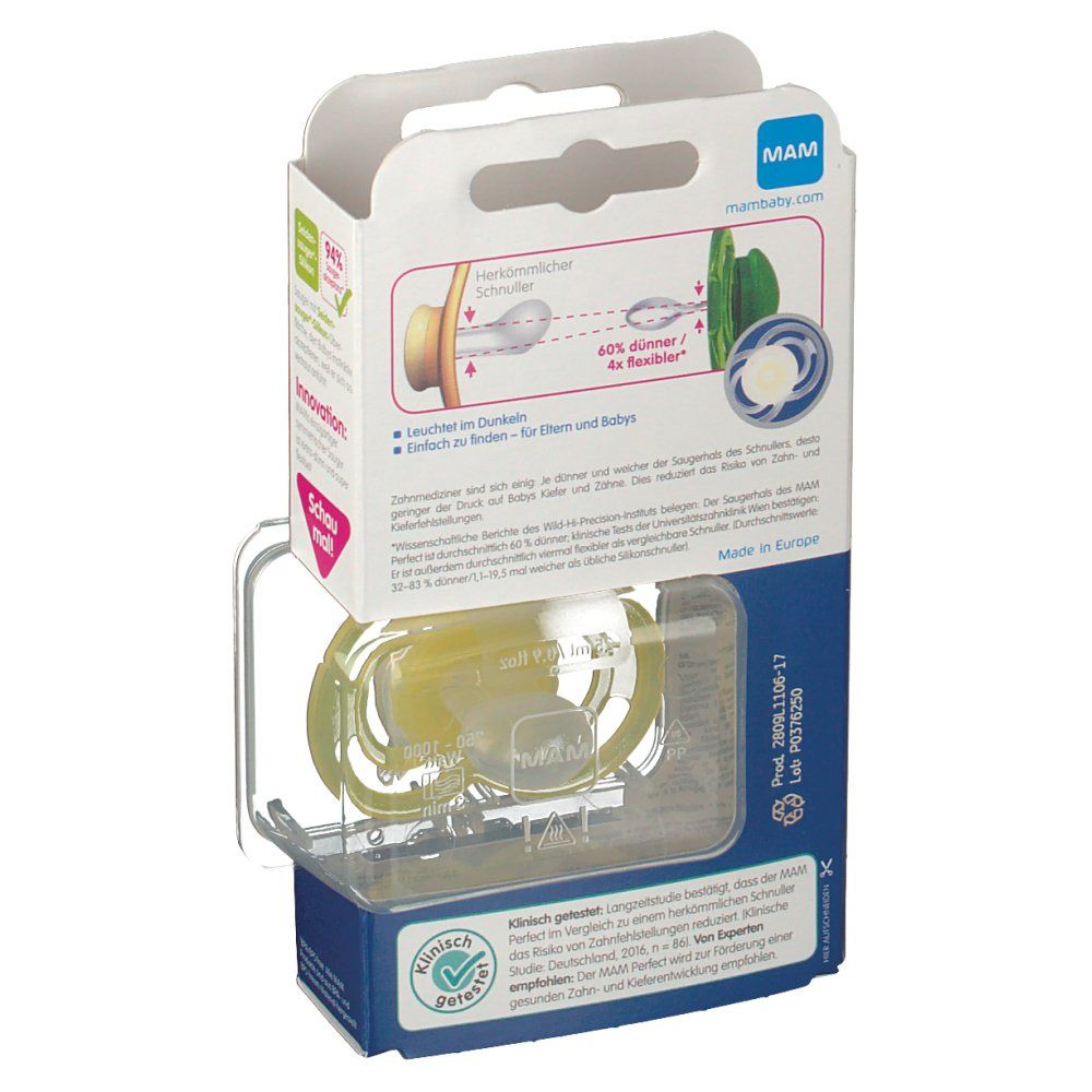 Retro della confezione con ciuccio. Il ciuccio è giallo e trasparente. Testo e illustrazioni mostrano le caratteristiche del prodotto.