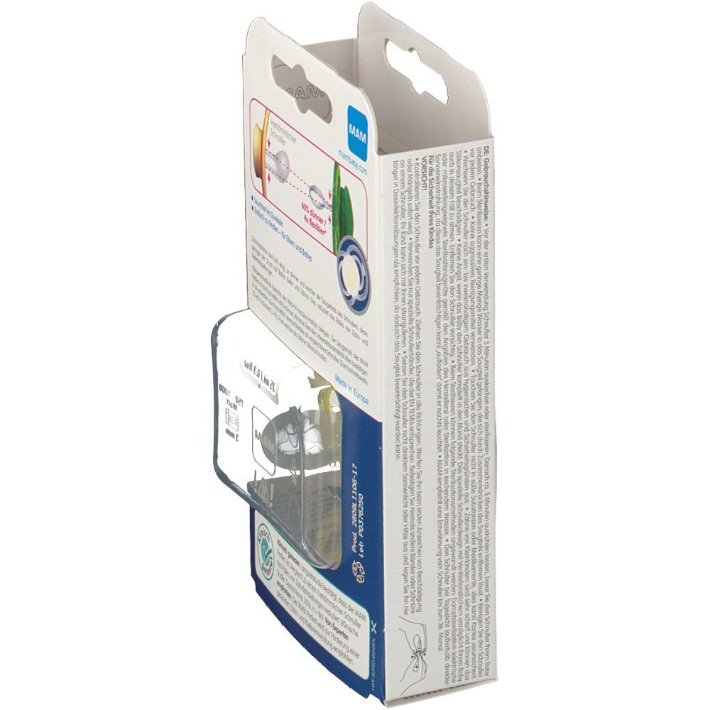 Vista laterale della confezione con ciuccio. Testo e illustrazioni mostrano le caratteristiche del prodotto e le certificazioni.