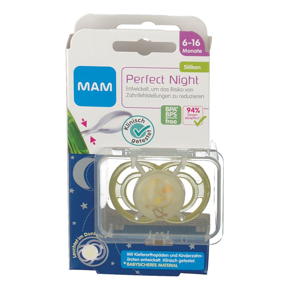 Confezione con ciuccio. Il ciuccio è giallo e trasparente. Sulla confezione c'è scritto "Perfect Night" e "6-16 mesi".