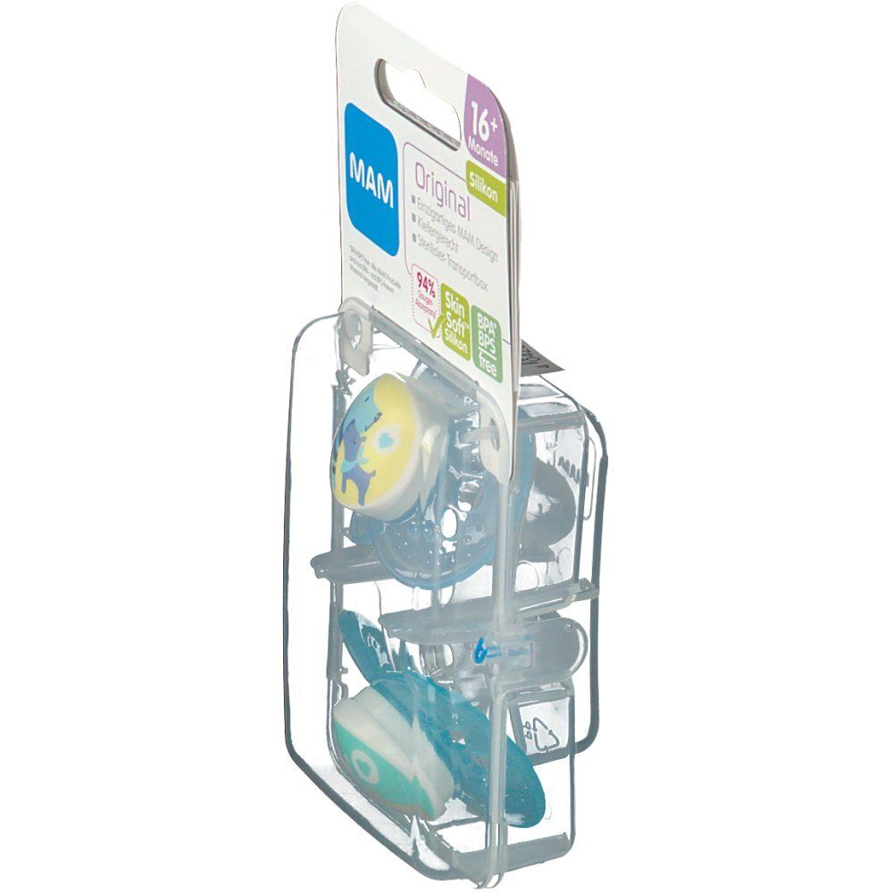 Vista laterale della confezione con due ciucci. Sulla confezione si legge "MAM Original" e "16+ mesi". I ciucci sono blu e gialli.