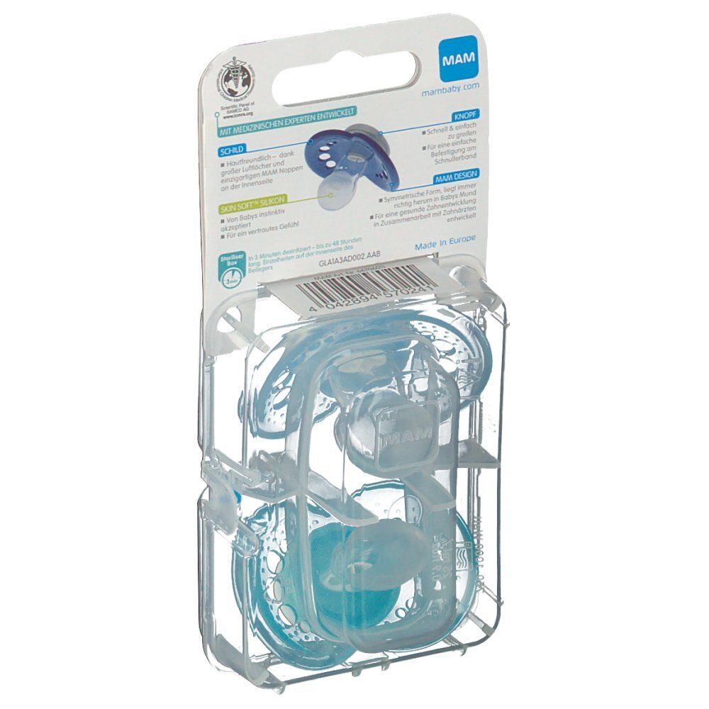 Retro della confezione con due ciucci blu. Sulla confezione sono presenti informazioni e il logo MAM. È visibile anche "16+ mesi".