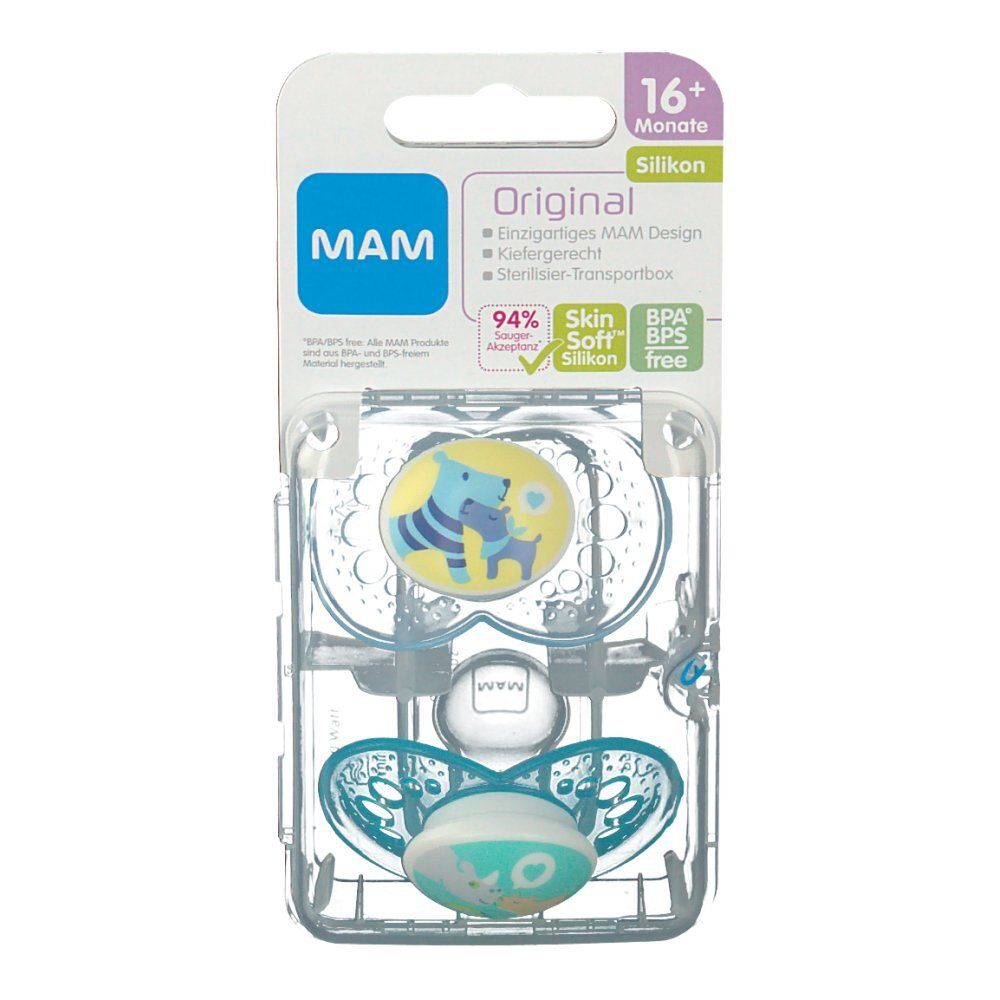 Due ciucci in confezione trasparente. Sulla confezione si legge "MAM Original" e "16+ mesi". I ciucci sono blu e gialli.