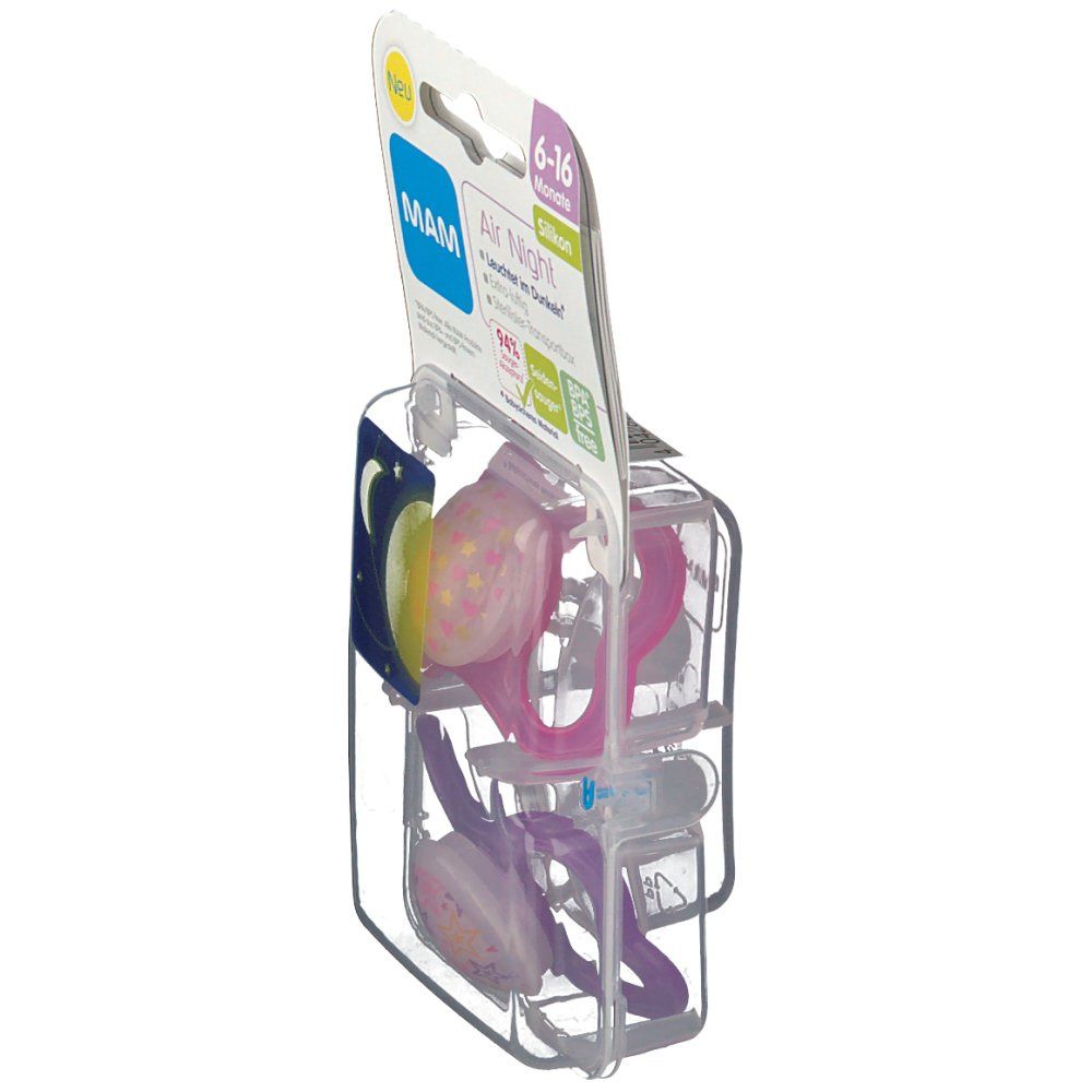 Vista laterale della confezione con due ciucci. Logo MAM e informazioni sul prodotto sulla confezione. Ciucci viola e rosa visibili.