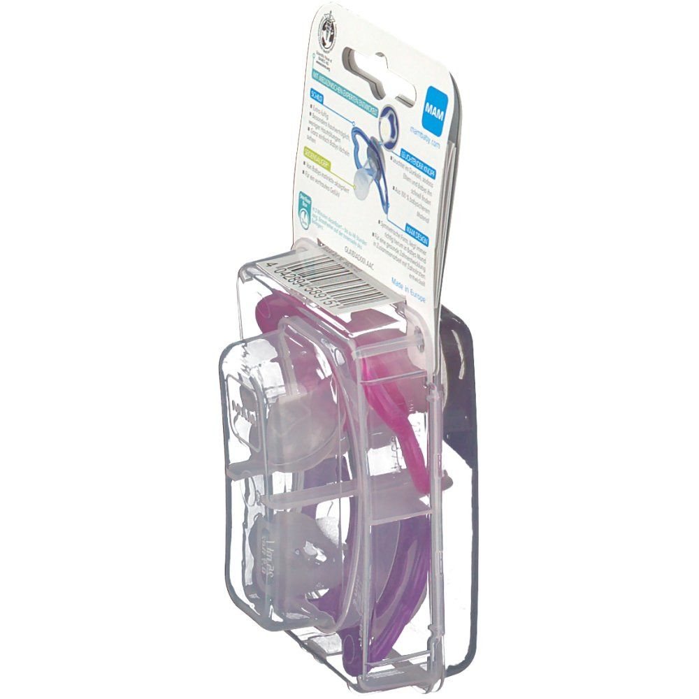 Vista laterale della confezione con informazioni sul prodotto. Due ciucci nella confezione, viola e rosa. Logo MAM e nome del prodotto visibili.