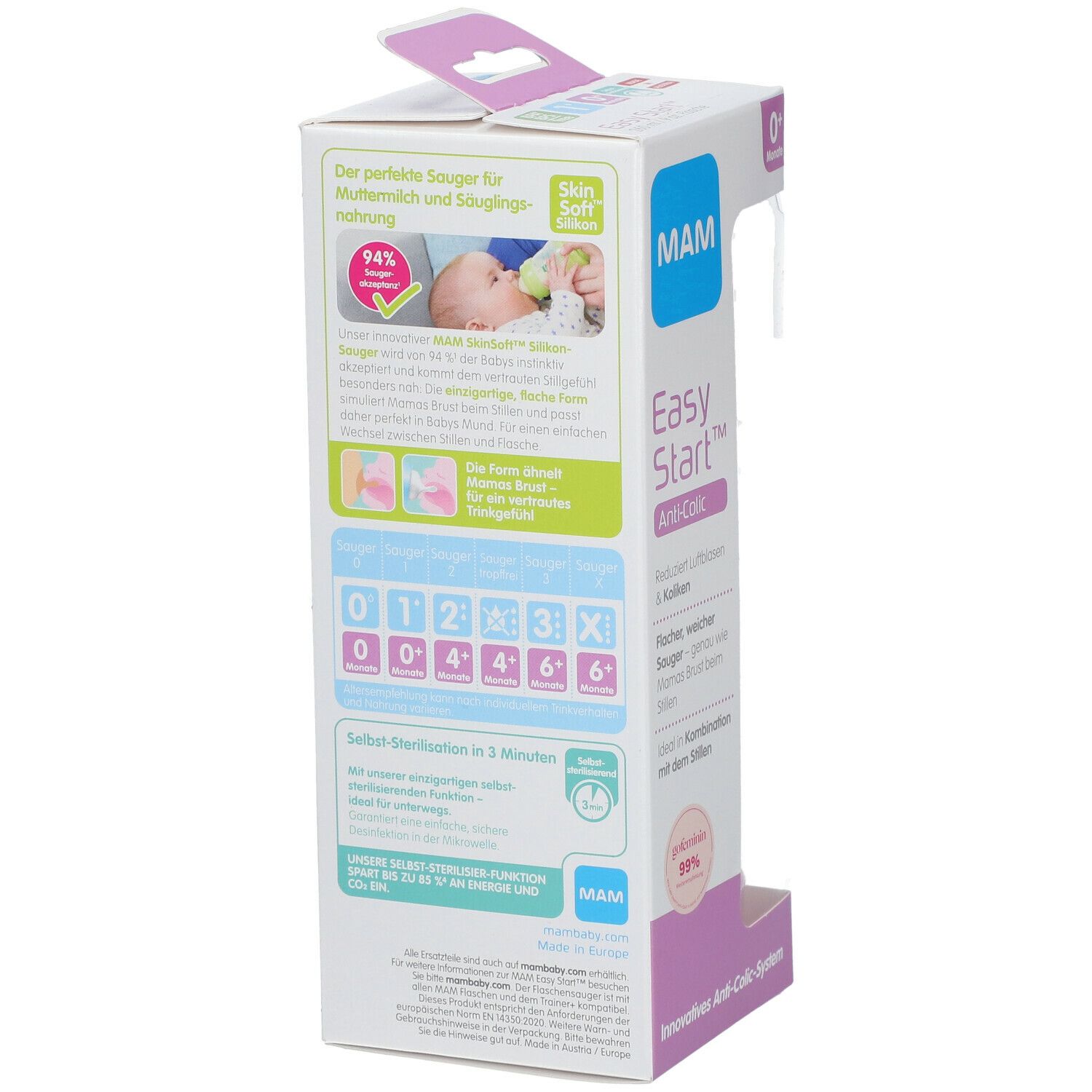 Confezione del biberon MAM. Retro con informazioni sul prodotto, grafici e testo. Rosa e bianco.