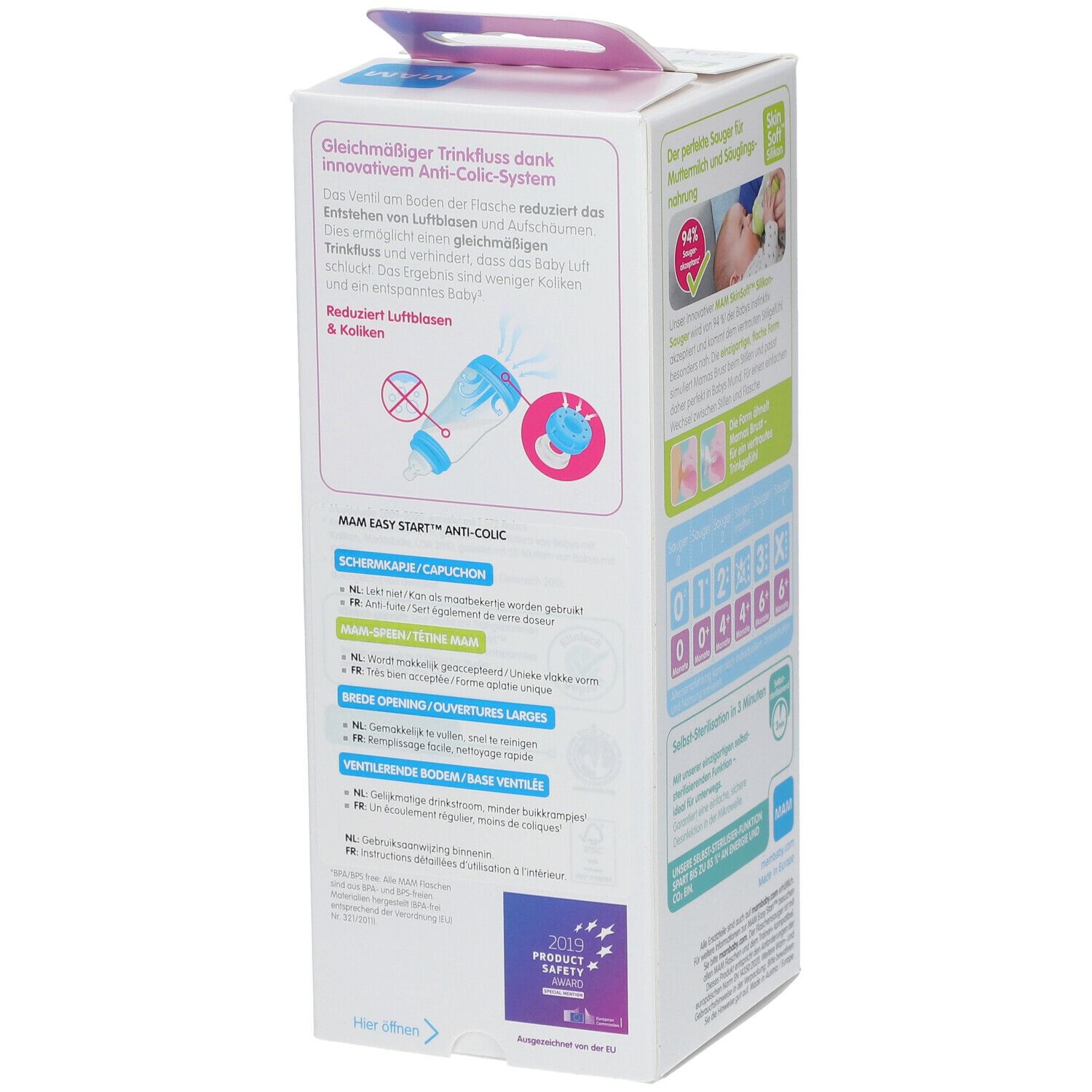 Confezione del biberon MAM. Lato con testo e grafici. Rosa e bianco.