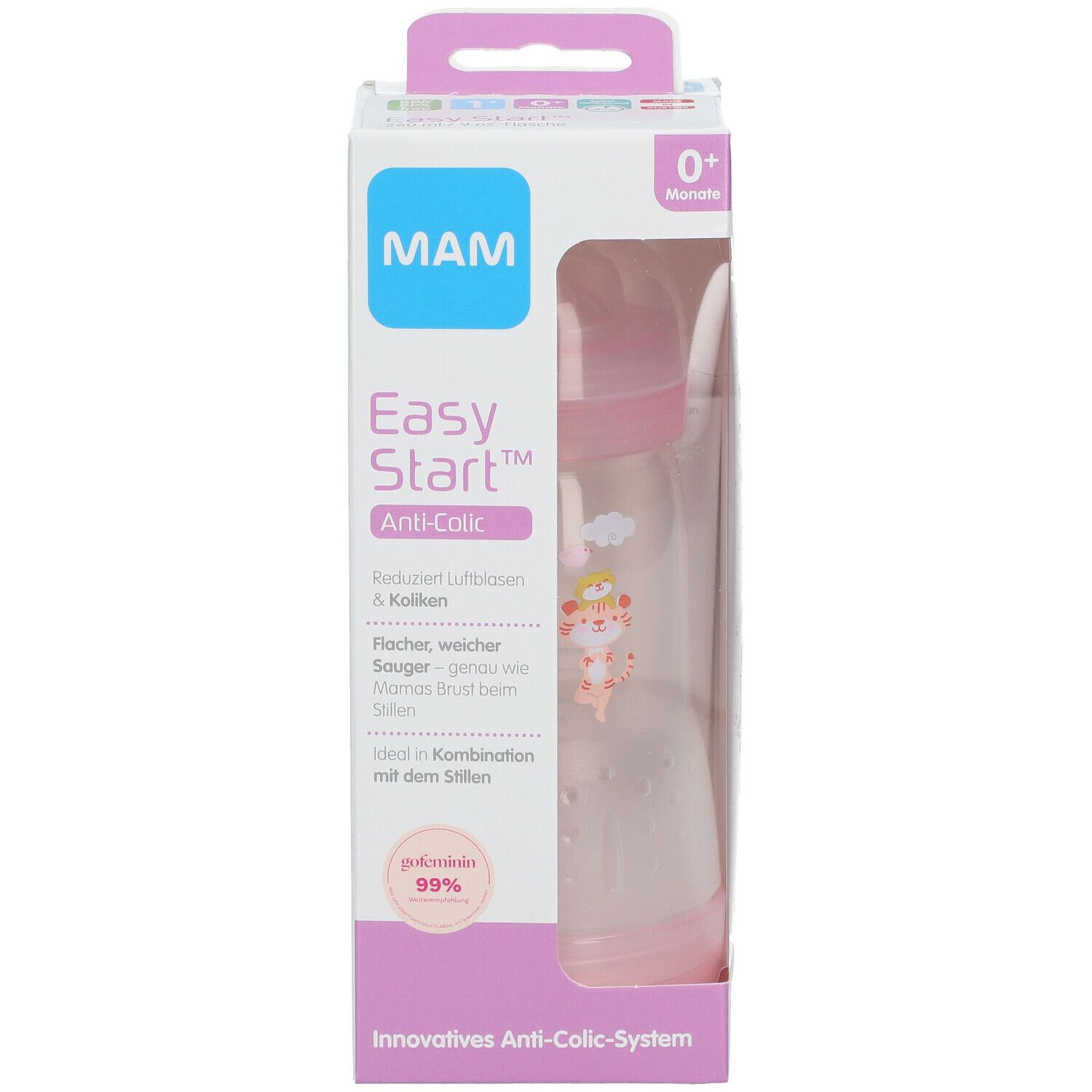 Biberon MAM in confezione. Bottiglia rosa con coperchio, bottiglia trasparente. Confezione con finestra.