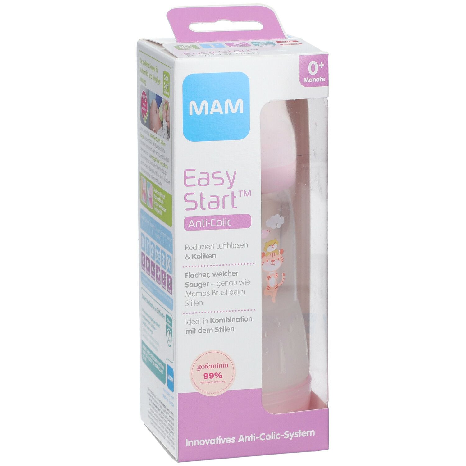 Biberon MAM in confezione. Bottiglia rosa con coperchio, bottiglia trasparente. Confezione con finestra.