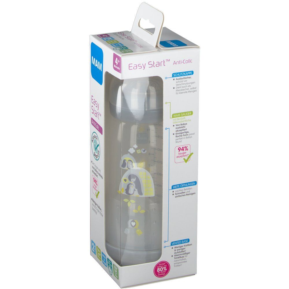 Biberon MAM Easy Start Anti-Colic in confezione. Etichetta 4+ mesi. Testato clinicamente. Bottiglia grigia.