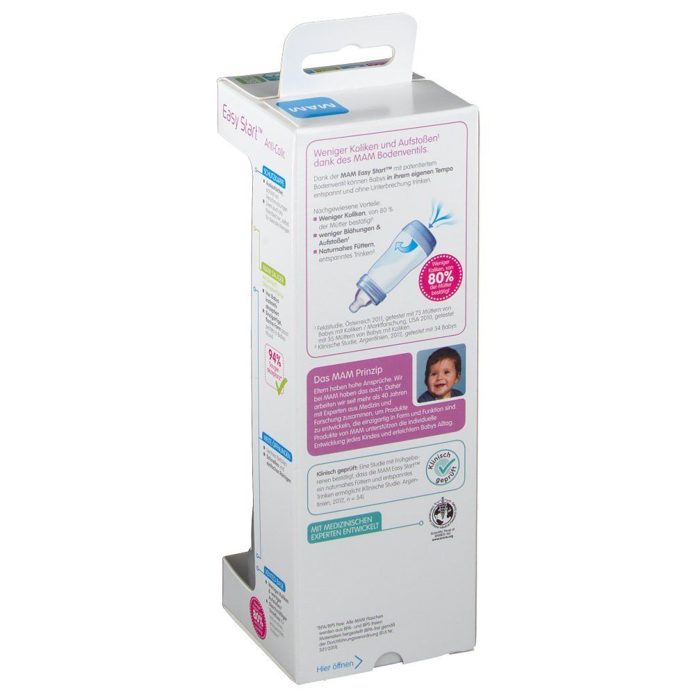 Confezione del biberon MAM Easy Start Anti-Colic. Informazioni anti-coliche. Indicato per 4+ mesi.