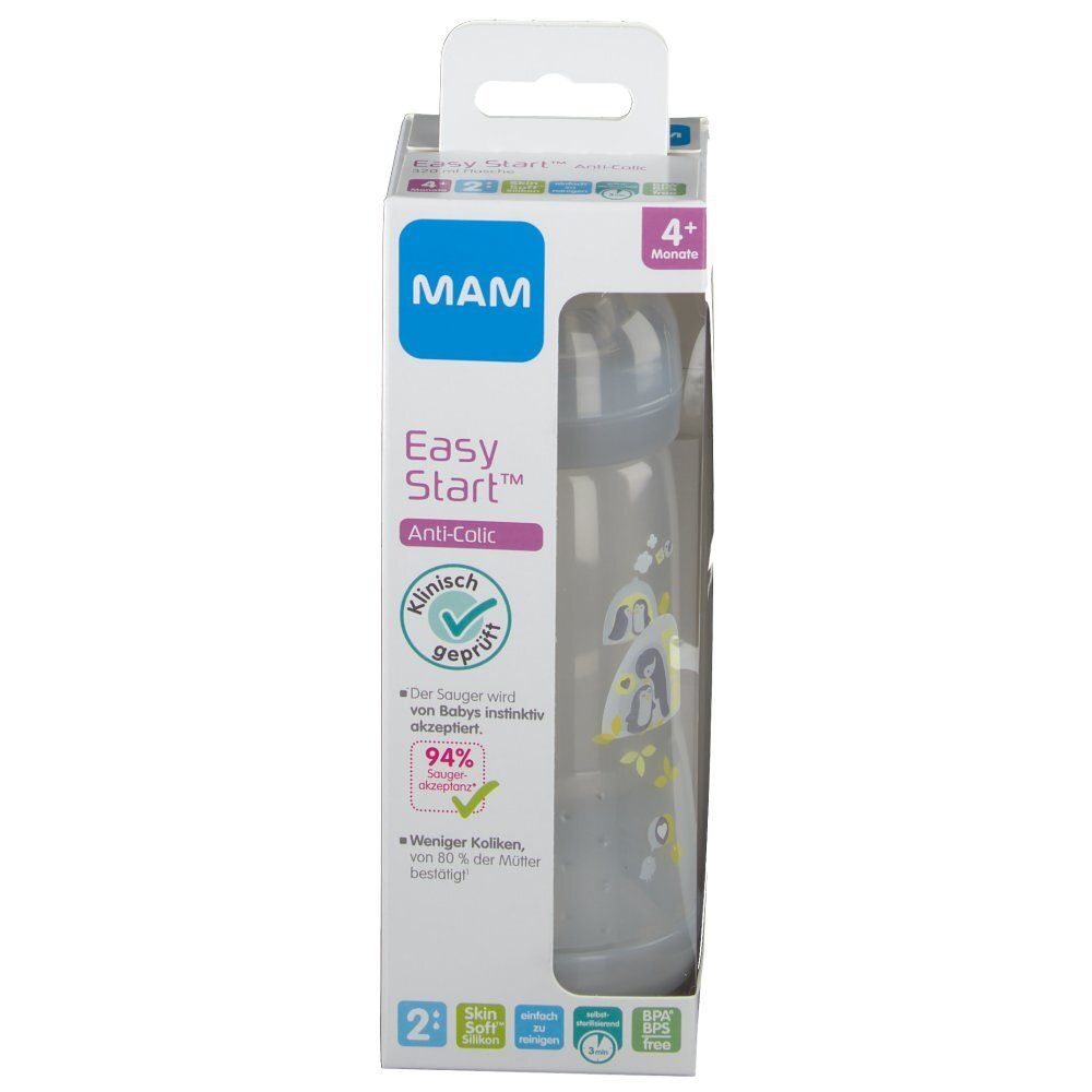Biberon MAM Easy Start Anti-Colic in confezione. Etichetta 4+ mesi. Testato clinicamente. Bottiglia grigia.