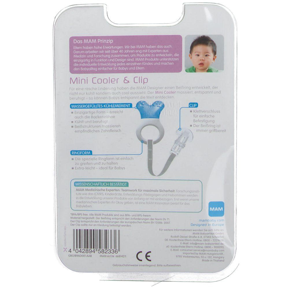 Retro confezione MAM Mini Cooler & Clip. Immagine prodotto, testo, attacco clip. Senza BPA.