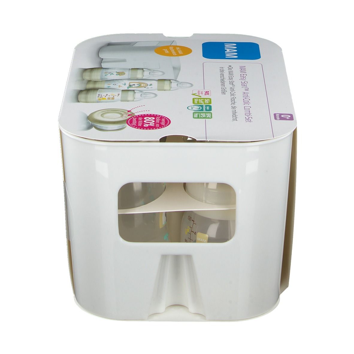 Set MAM Easy Start Anti-Colic. Confezione bianca con immagini. Biberon visibili attraverso una finestra.
