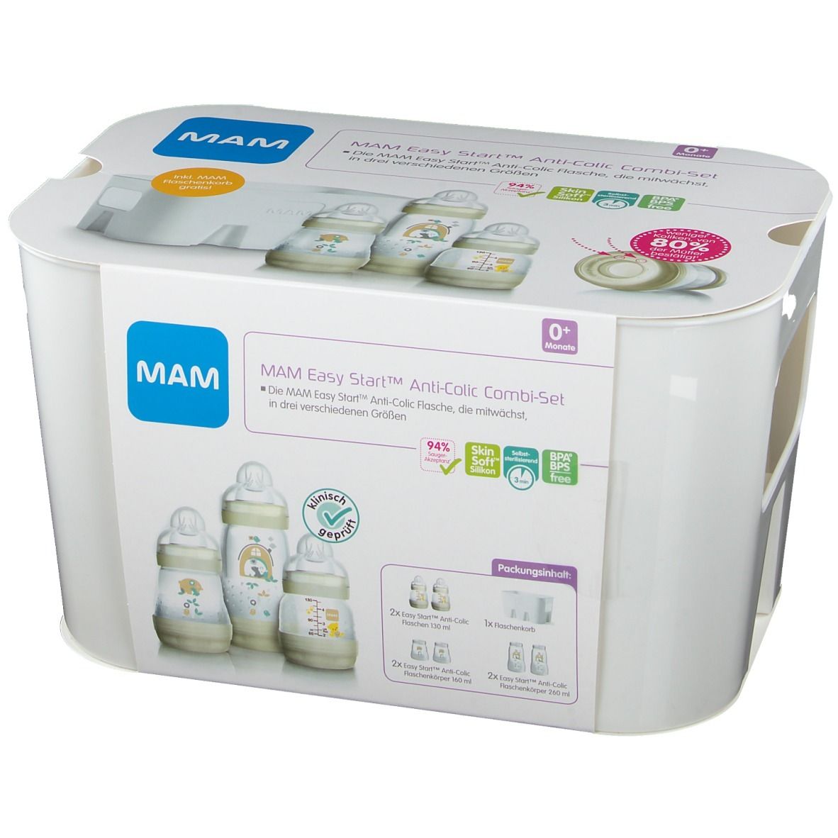 Set MAM Easy Start Anti-Colic. Contenitore bianco con immagini e testo. Include biberon e accessori.