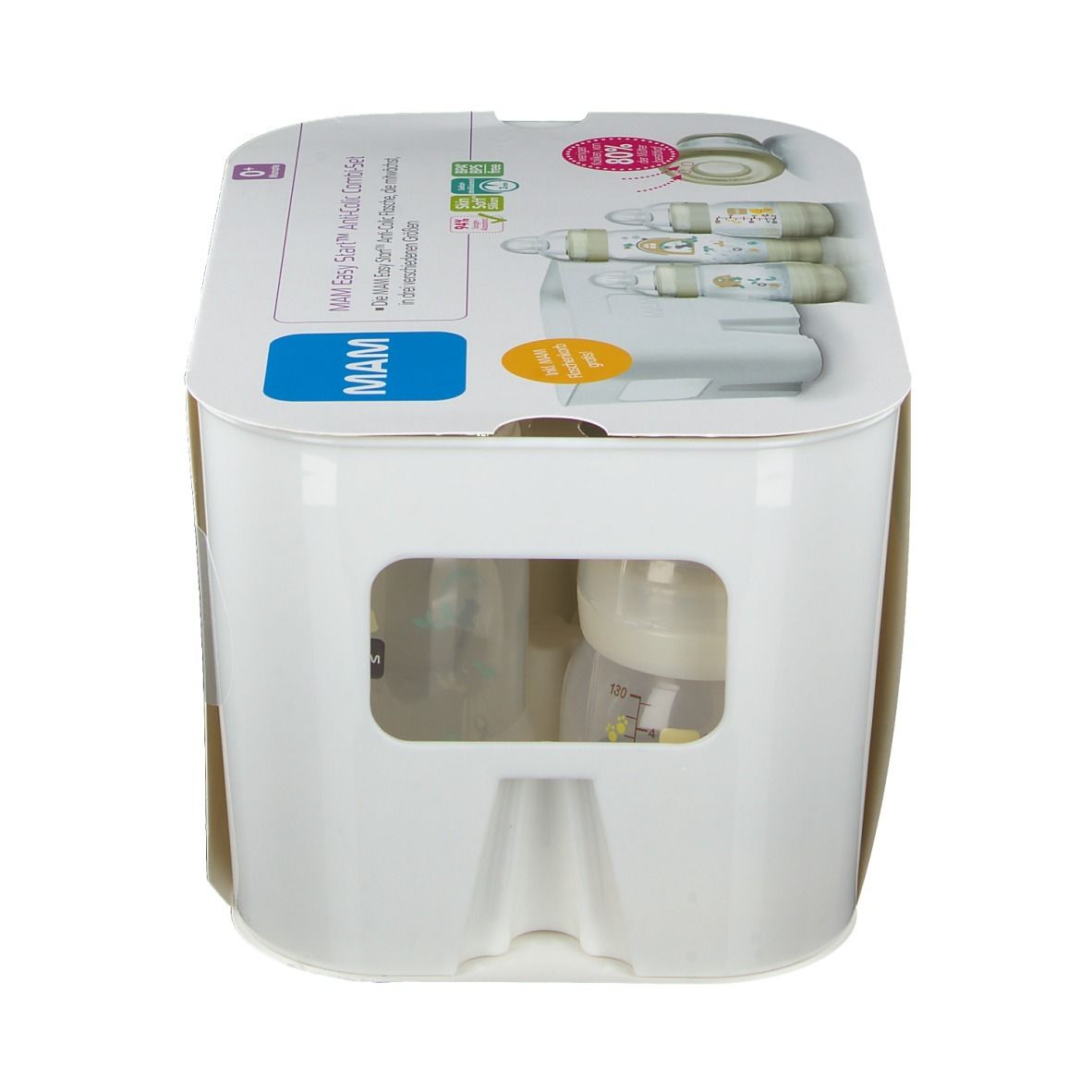 Set MAM Easy Start Anti-Colic. Confezione bianca con immagini. Biberon visibili attraverso una finestra.