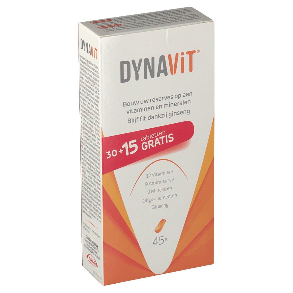 Scatola di compresse Dynavit. Contiene 30+15 compresse. Scritta: 12 vitamine, 9 aminoacidi, 9 minerali, oligoelementi, ginseng.