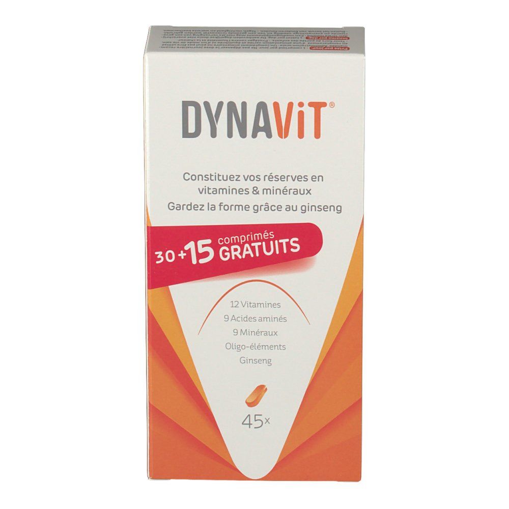 Scatola di compresse Dynavit. Contiene 30+15 compresse. Scritta: 12 vitamine, 9 aminoacidi, 9 minerali, oligoelementi, ginseng.