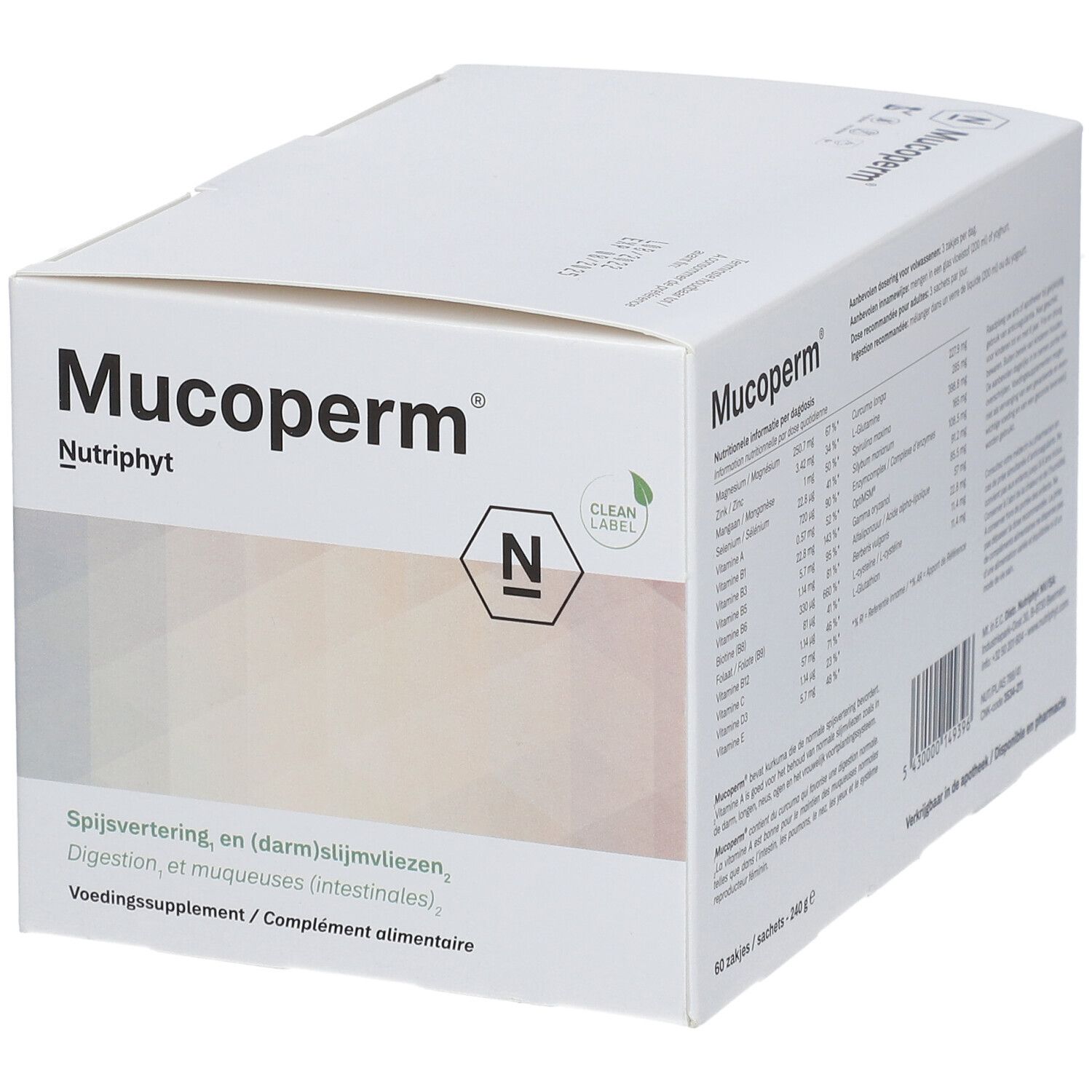Scatola bianca con logo Mucoperm Nutriphyt. Scritto: Spijsvertering, Digestion, Voedingssupplement.