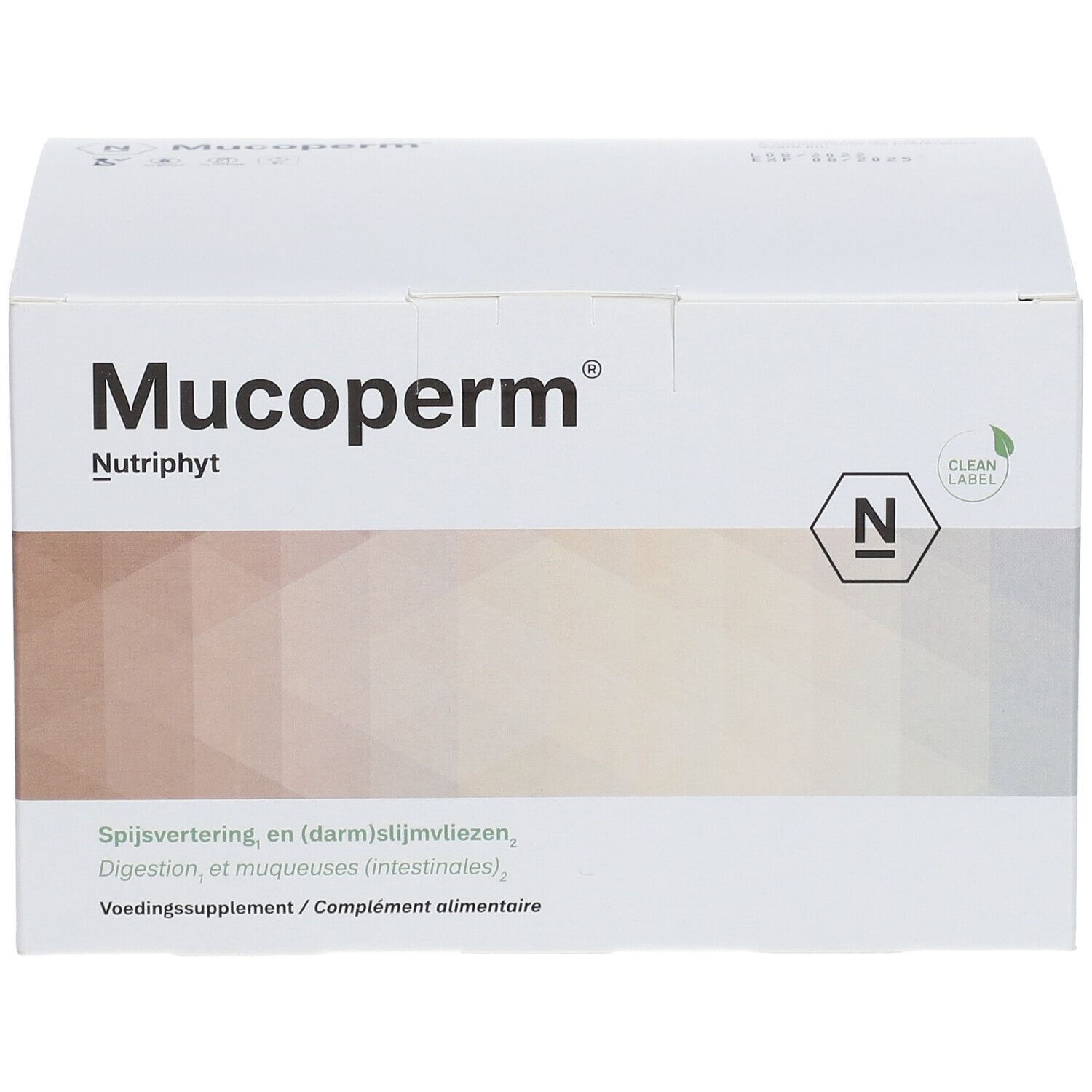 Scatola bianca con logo Mucoperm Nutriphyt. Scritto: Spijsvertering, Digestion, Voedingssupplement.