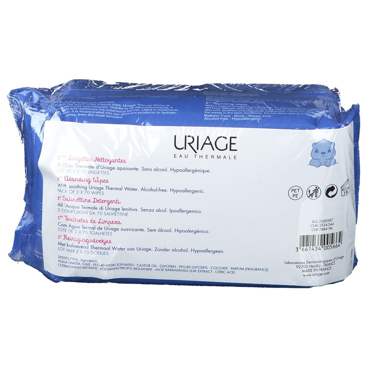 Retro della confezione di salviettine detergenti Uriage Bébé. Informazioni prodotto multilingue.