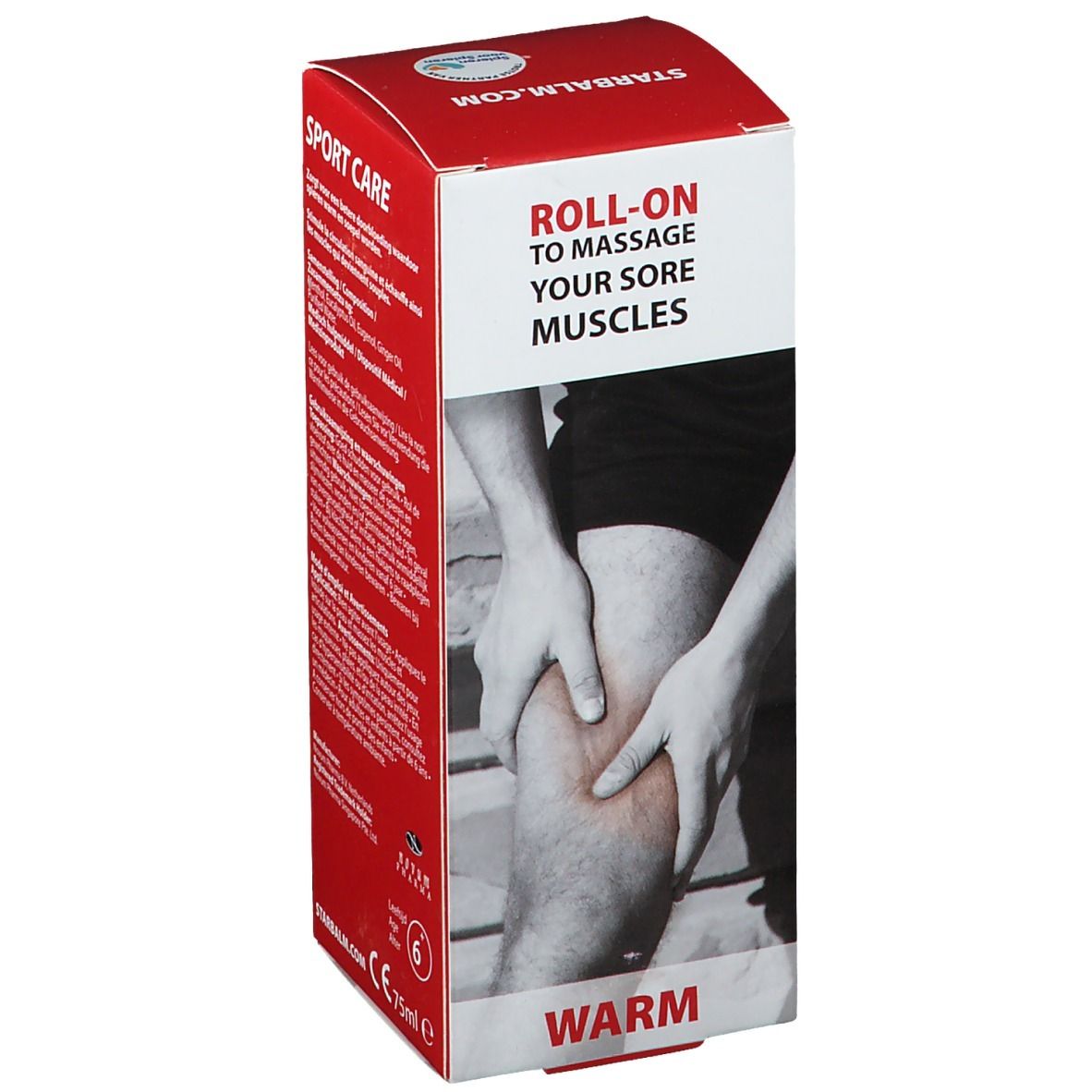 Confezione con testo e immagine di una persona che si massaggia la gamba. Testo: ROLL-ON to massage your sore muscles.