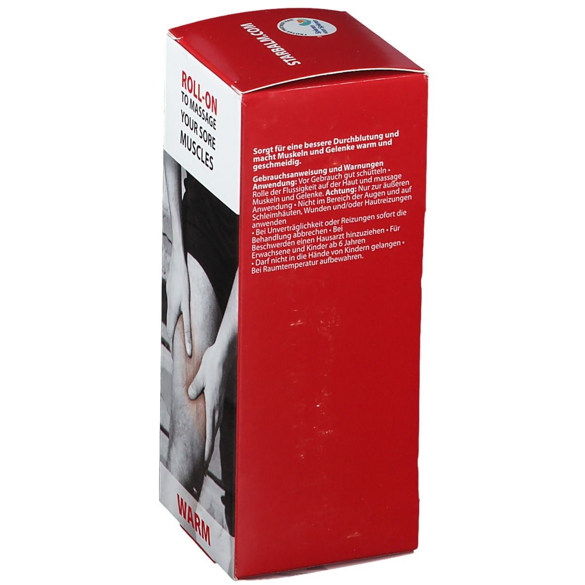 Confezione rossa con testo e immagine di una persona che si massaggia la gamba. Testo: ROLL-ON to massage your sore muscles.