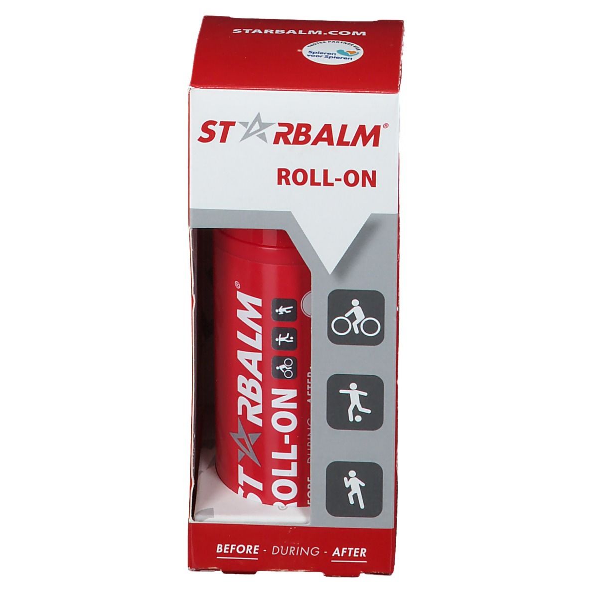 Flacone STARBALM® ROLL-ON rosso in confezione rossa. Pittogrammi sportivi sulla confezione.