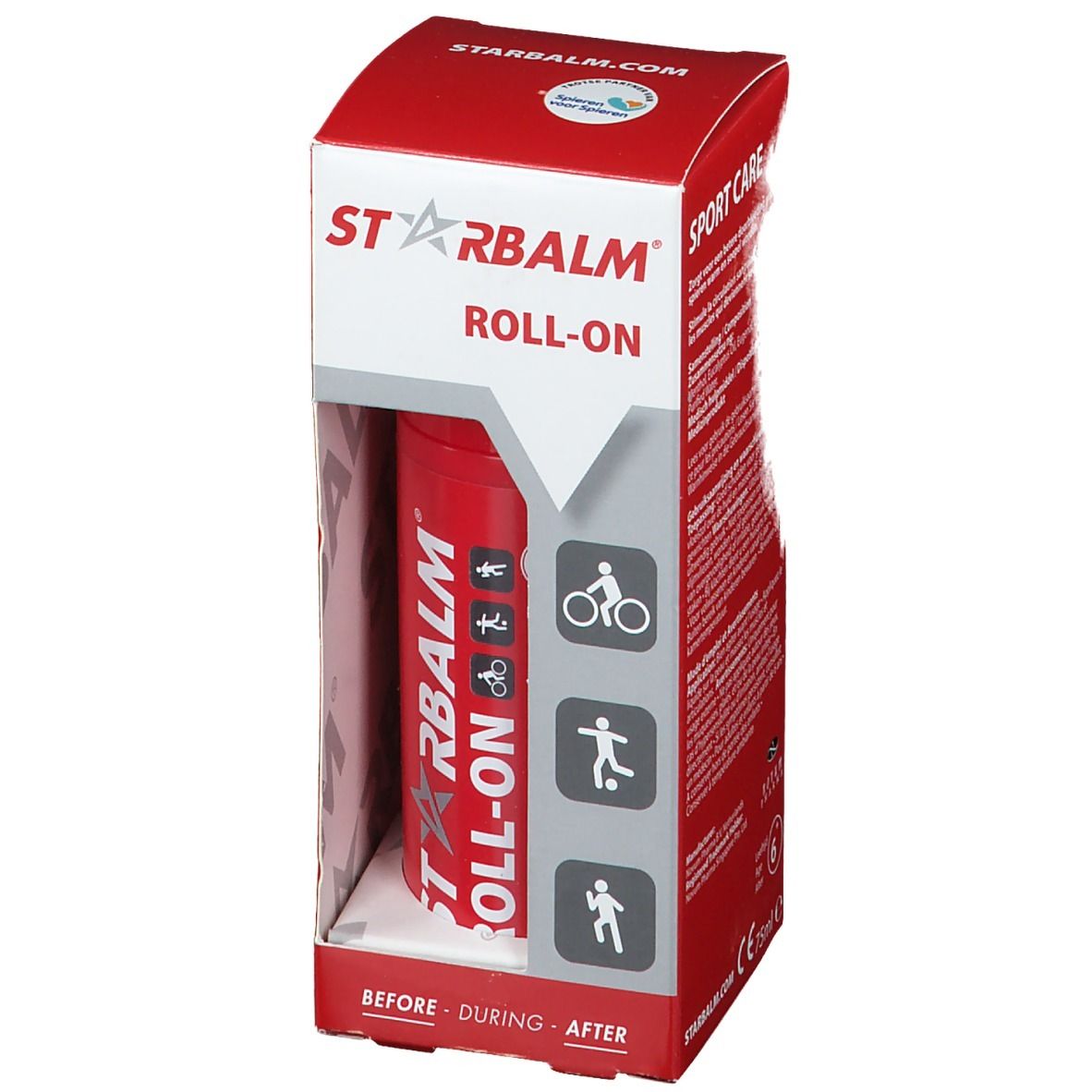 Flacone STARBALM® ROLL-ON rosso in confezione rossa. Pittogrammi sportivi sulla confezione.