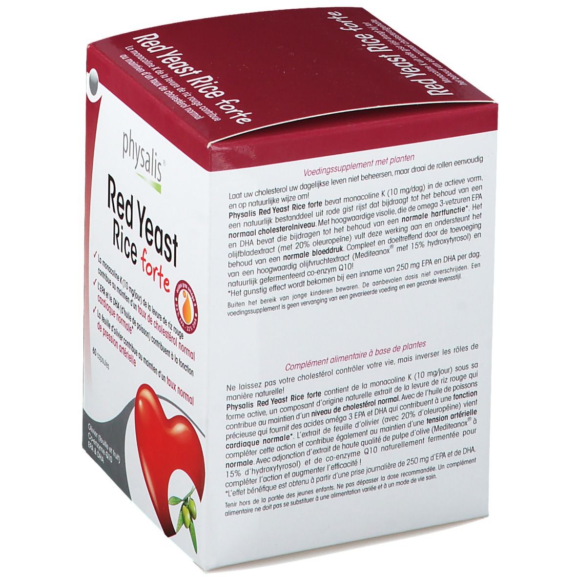 Scatola di Physalis Red Yeast Rice forte. Testo multilingue. Cuore e ramo d'ulivo. 60 capsule.