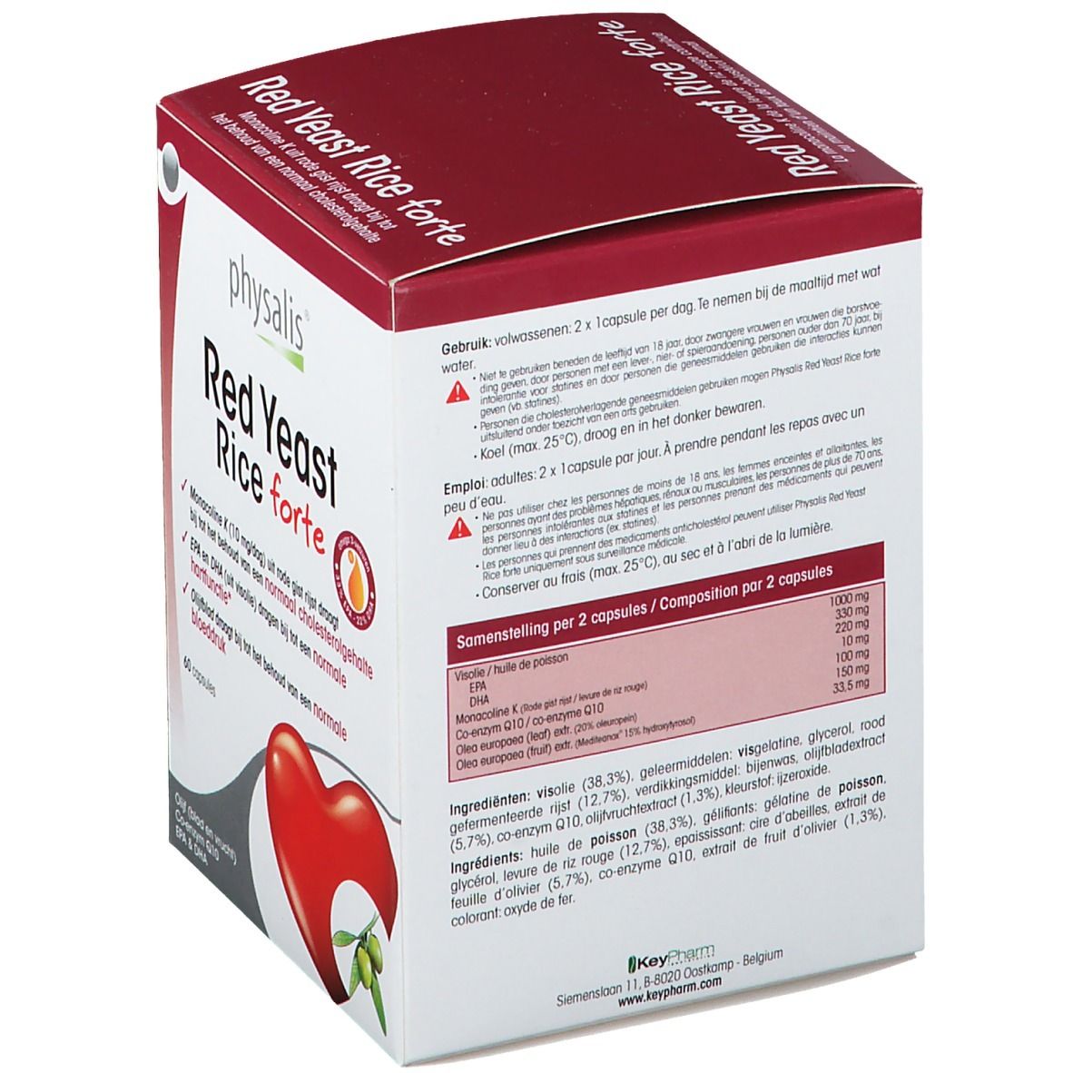 Scatola di Physalis Red Yeast Rice forte. Testo multilingue. Cuore e ramo d'ulivo. 60 capsule.