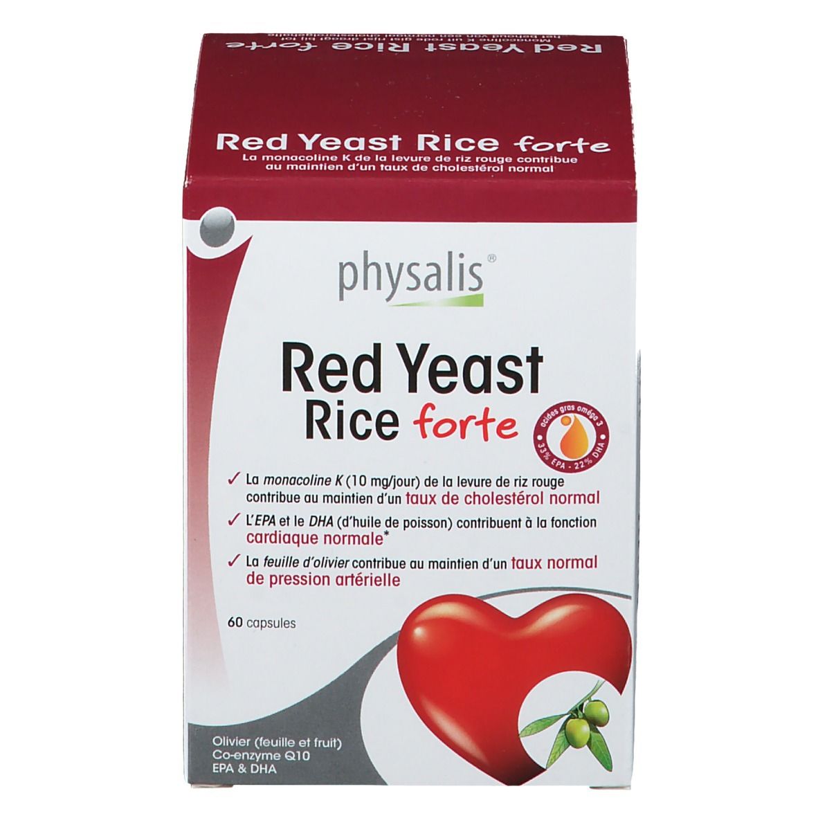 Scatola di Physalis Red Yeast Rice forte. Sfondo rosso, cuore e ramo d'ulivo. 60 capsule.