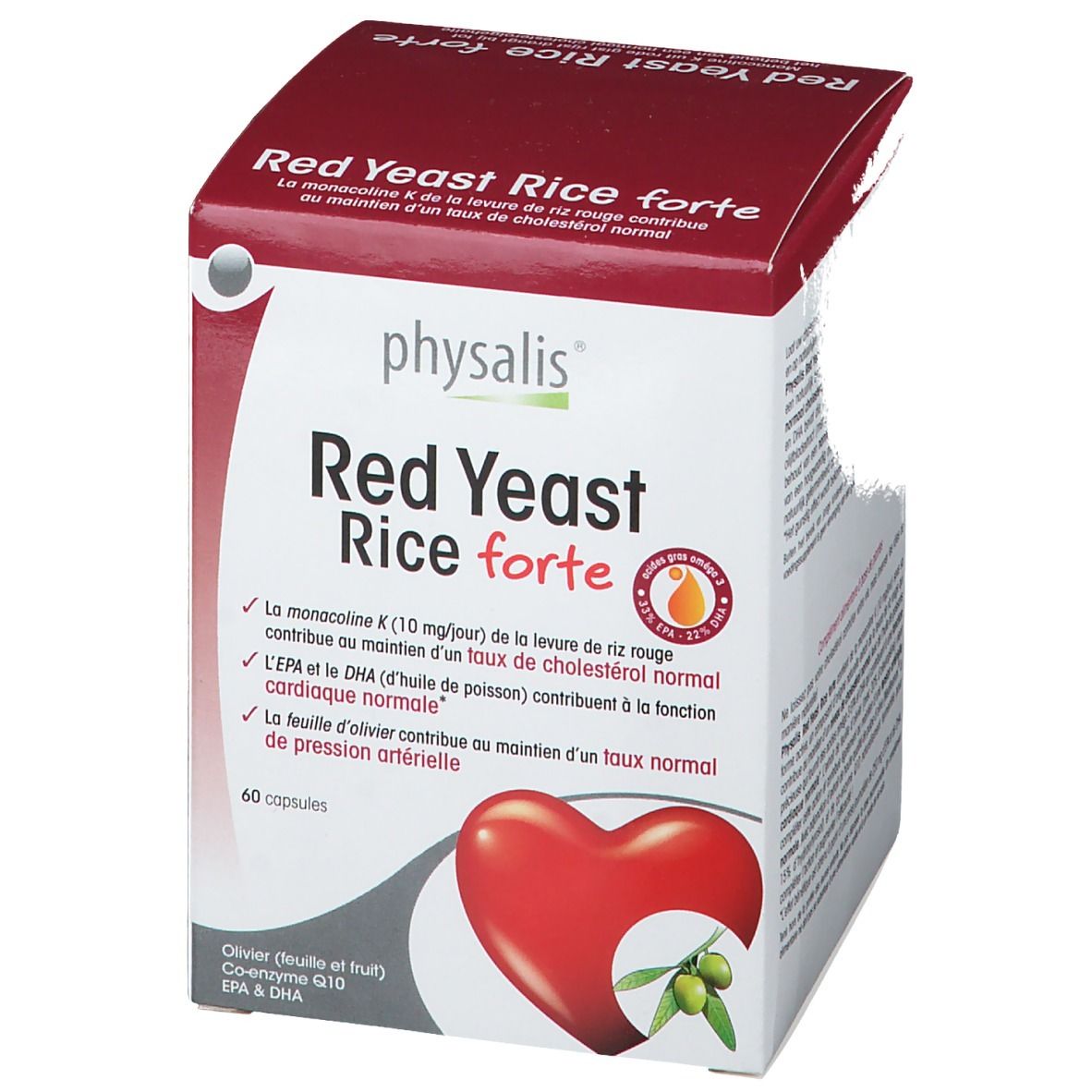 Scatola di Physalis Red Yeast Rice forte. Sfondo rosso, cuore e ramo d'ulivo. 60 capsule.