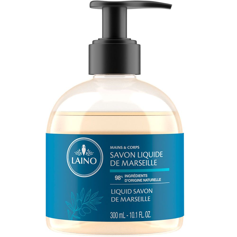Flacone trasparente con dosatore nero. Etichetta blu con logo e testo: Savon Liquide de Marseille. 300 ml.