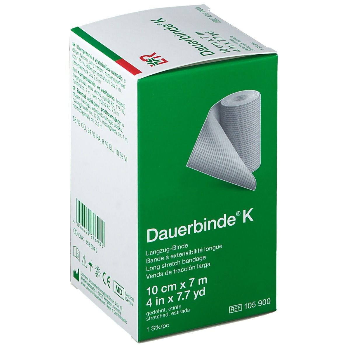 Confezione di Dauerbinde® K. Scatola verde e bianca con immagine del prodotto e informazioni. 10 cm x 7 m.