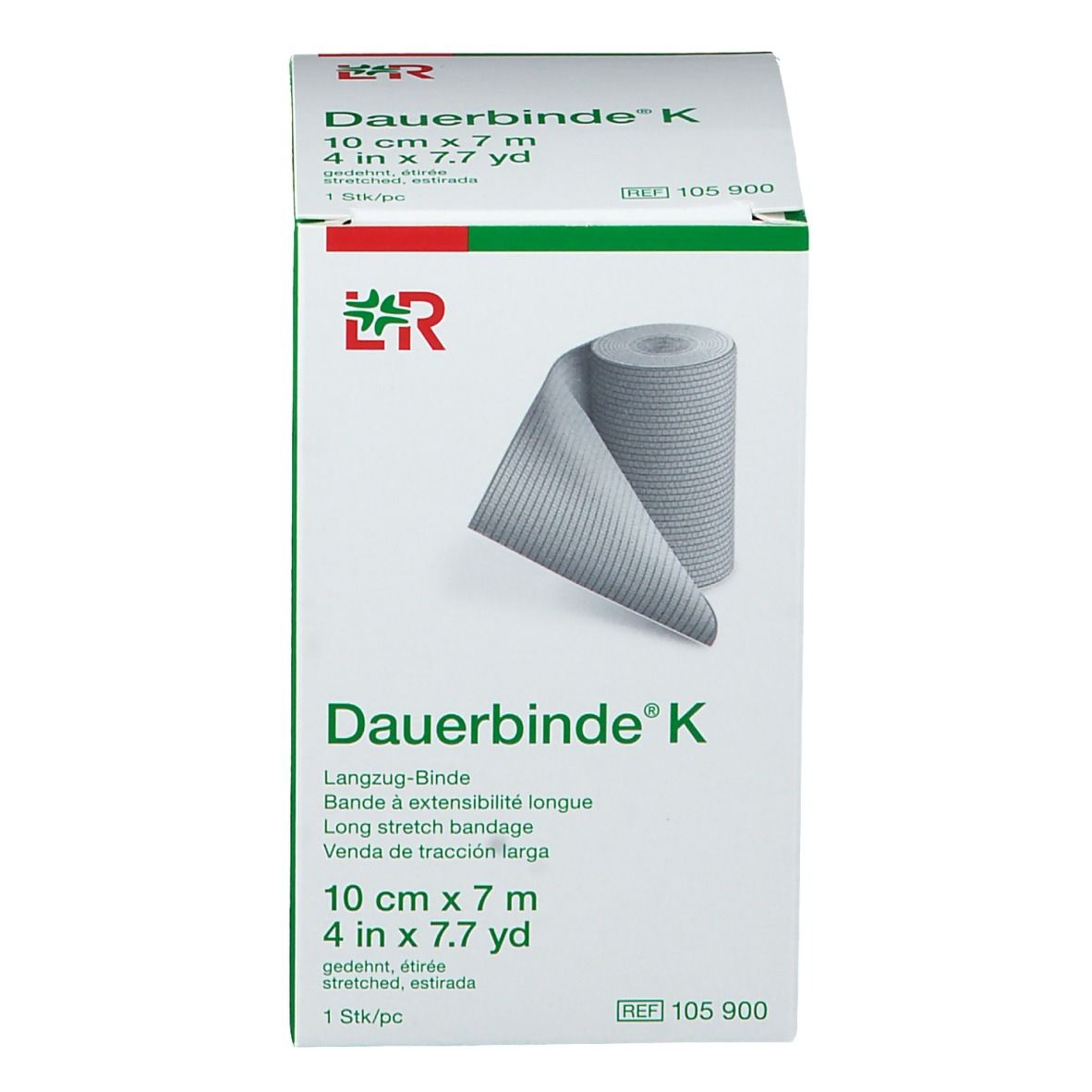 Confezione di Dauerbinde® K. Scatola verde e bianca con immagine del prodotto e informazioni. 10 cm x 7 m.