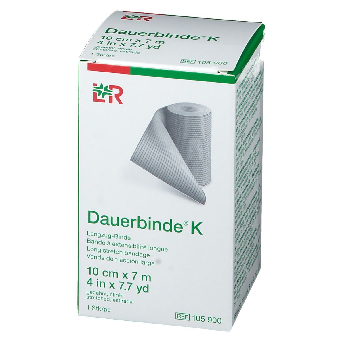 Confezione di Dauerbinde® K. Scatola verde e bianca con immagine del prodotto e informazioni. 10 cm x 7 m.