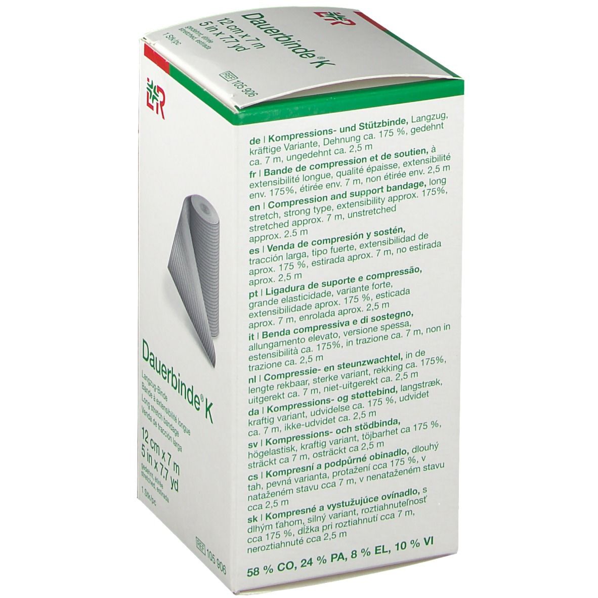 Retro della confezione Dauerbinde® K con informazioni prodotto multilingue.