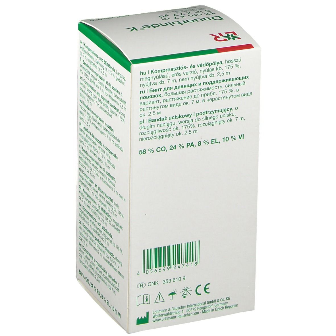 Vista laterale della confezione Dauerbinde® K con codice a barre e marchio CE.