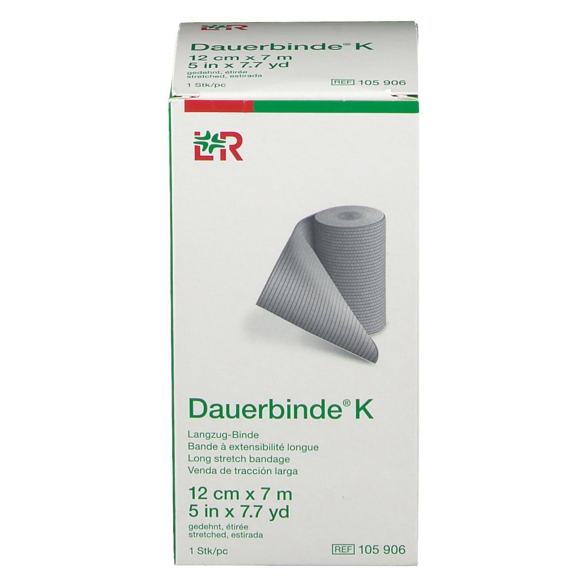 Confezione Dauerbinde® K, benda elastica lunga, 12 cm x 7 m, con immagine prodotto.