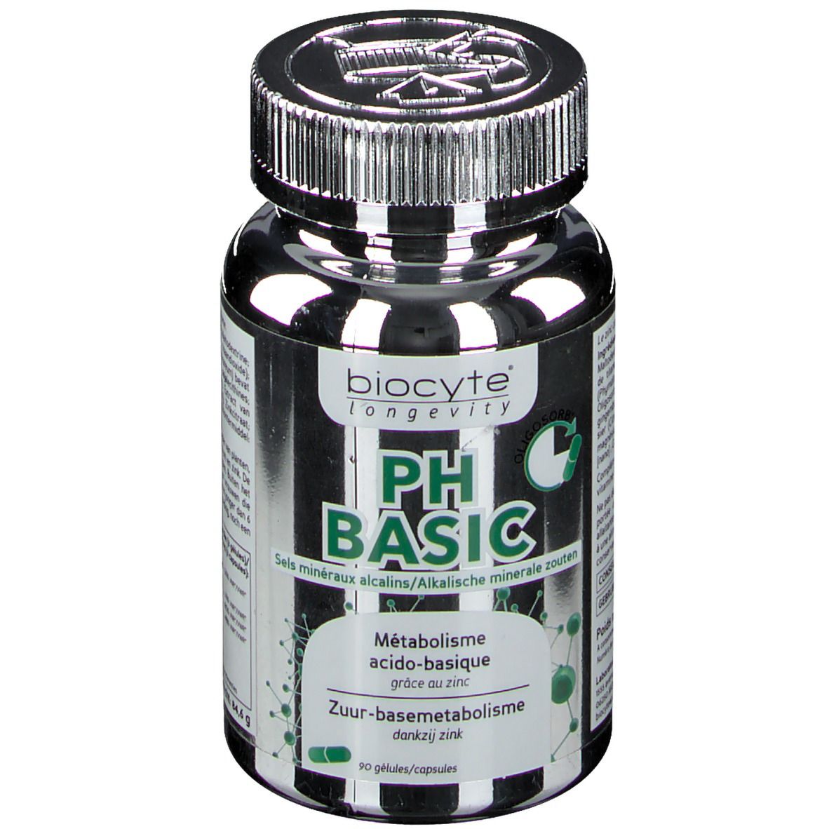 Flacone scuro con tappo argentato. Scritta Biocyte pH Basic. Contiene minerali. 90 capsule.