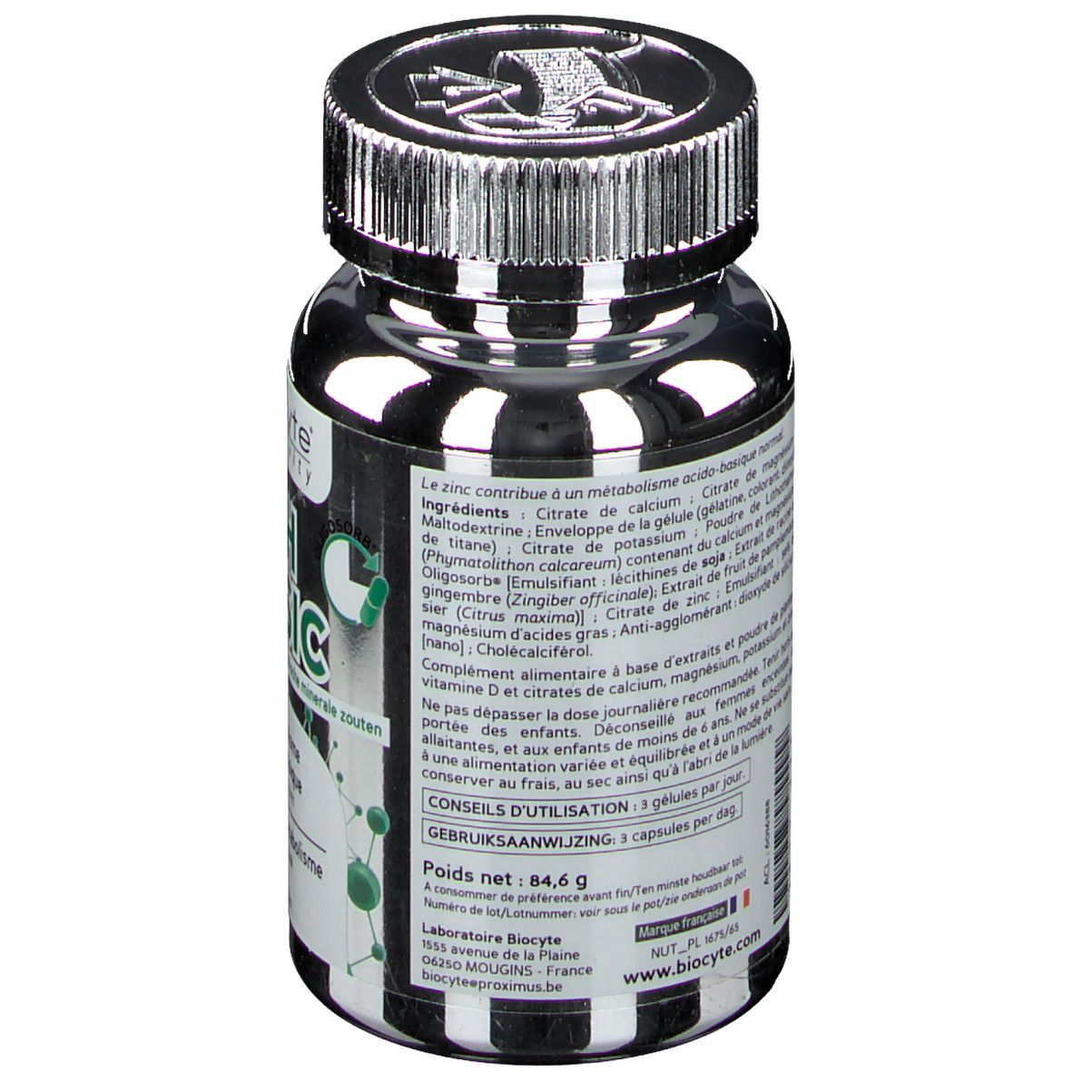 Retro del flacone. Contiene ingredienti e istruzioni per l'uso. Marchio Biocyte. Peso netto: 84,6 g.