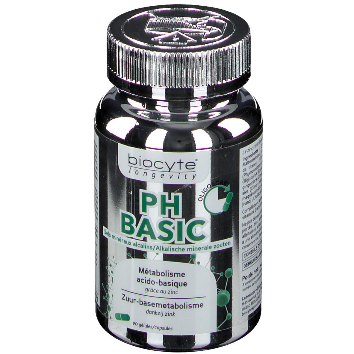 Flacone scuro con tappo argentato. Scritta Biocyte pH Basic. Contiene minerali. 90 capsule.