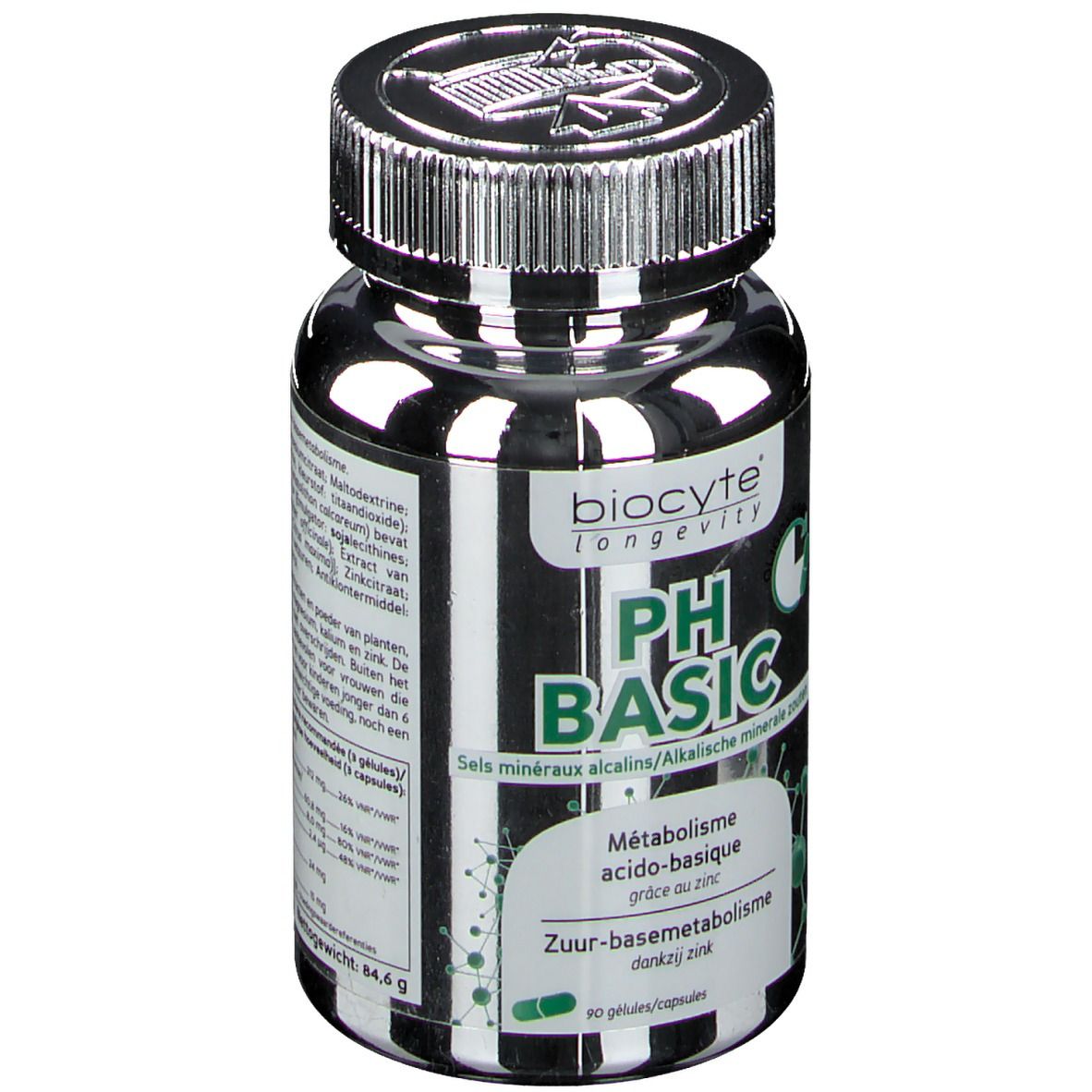 Flacone scuro con tappo argentato. Scritta Biocyte pH Basic. Contiene minerali. 90 capsule.