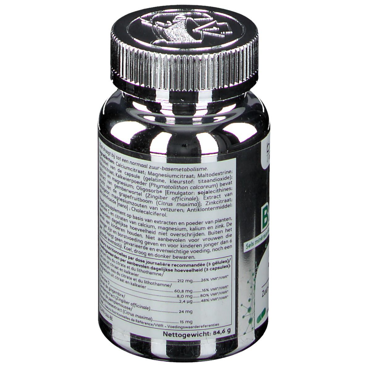 Retro del flacone. Contiene ingredienti e informazioni nutrizionali. Marchio Biocyte. Peso netto: 64,6 g.