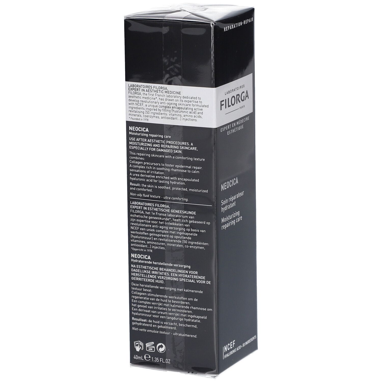 Confezione nera FILORGA NEOCICA. Testo sul lato. Scritte: EXPERT EN MÉDECINE ESTHÉTIQUE, Soin réparateur hydratant, NCEF.
