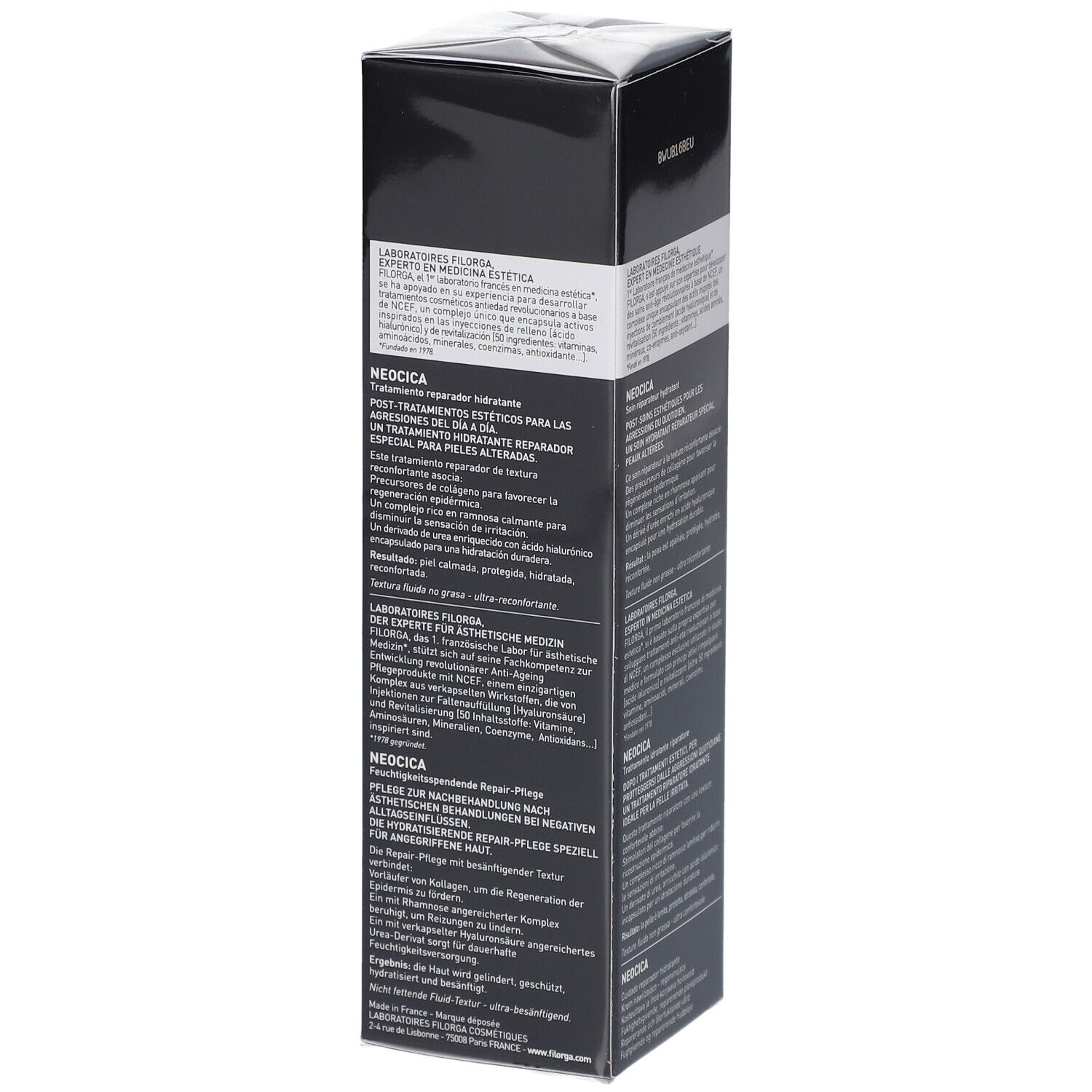 Confezione nera FILORGA NEOCICA. Testo sul lato. Scritte: EXPERT EN MÉDECINE ESTHÉTIQUE, Soin réparateur hydratant, NCEF.